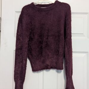 Zara Women's Knit Faux Fur Long Sleeve Cropped Sweater - Small Purple/Wine